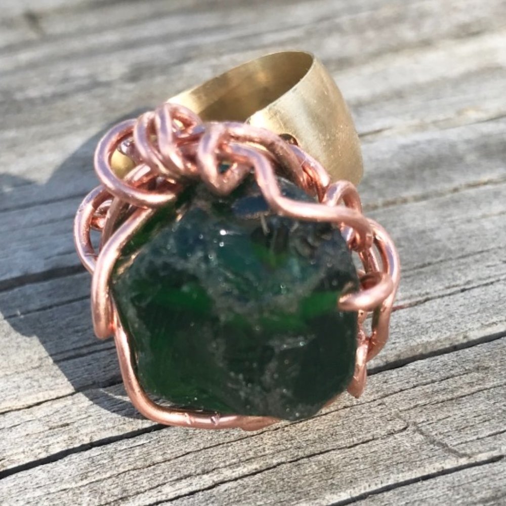 Emerald Green Sea Glass Copper Brass Ring Custom Cocktail Dinner Statement Boho